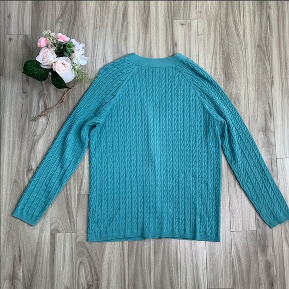 Talbots Light Teal Cable Knit V-Neck Cardigan - Picture 7 of 9